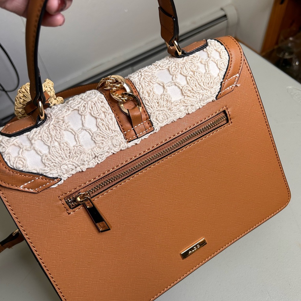 Aldo Pink and Brown Crossbody Bag with Crochet & Chain Detail Top Handle - Picture 3 of 8